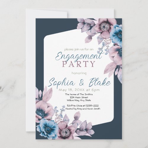 Blue and Purple Floral Gray Engagement Party  Invitation