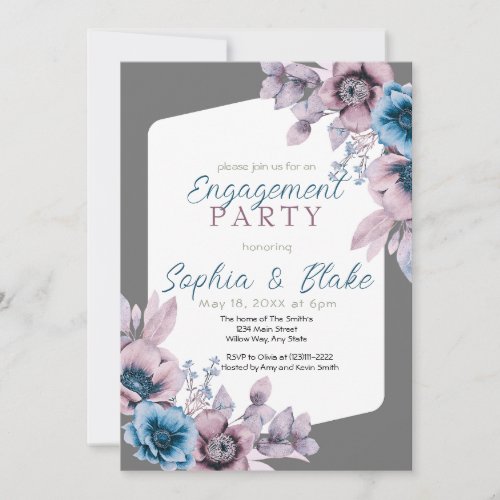 Blue and Purple Floral Gray Engagement Party  Invitation