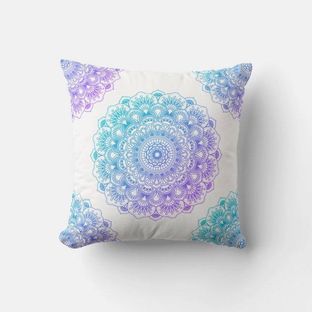Blue and purple floral mandala on white background throw pillow (Front)