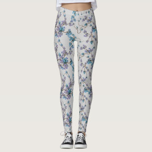 Blue and Purple Floral on Gray Leggings