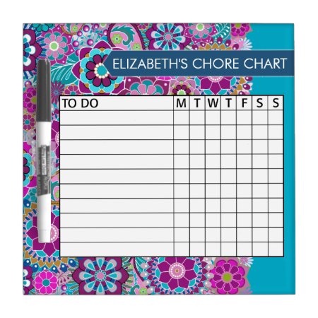 Blue And Purple Floral Pattern Kids Chore Chart Dry-erase Board