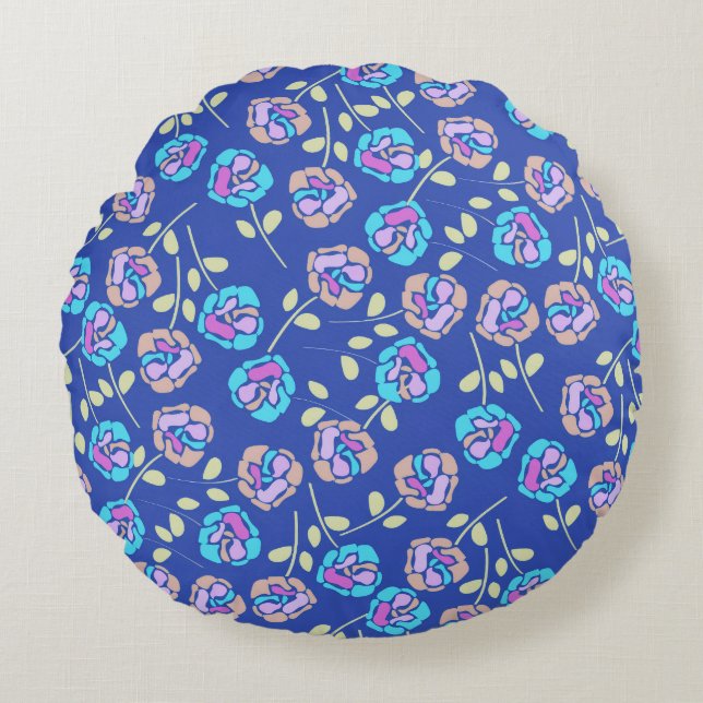 Blue and Purple Floral Pattern Round Pillow (Front)