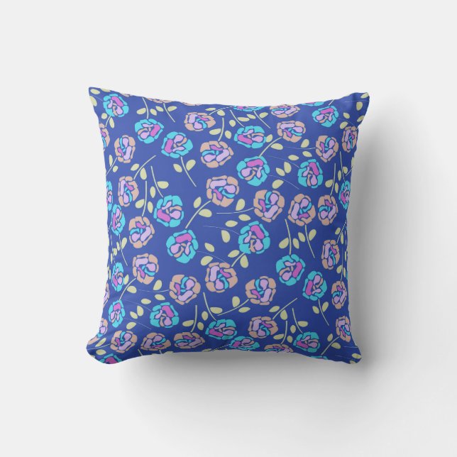 Blue and Purple Floral Pattern Throw Pillow (Front)