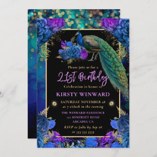 Blue and Purple Floral Peacock 21st Birthday Invitation