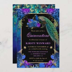 Blue and Purple Floral Peacock Quinceanera Invitation