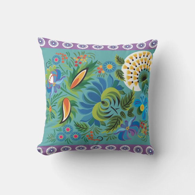 Blue and Purple Floral Throw Pillow (Front)
