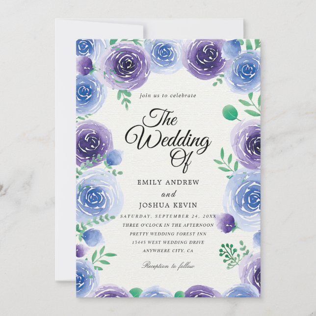 blue and purple floral wedding invitations (Front)