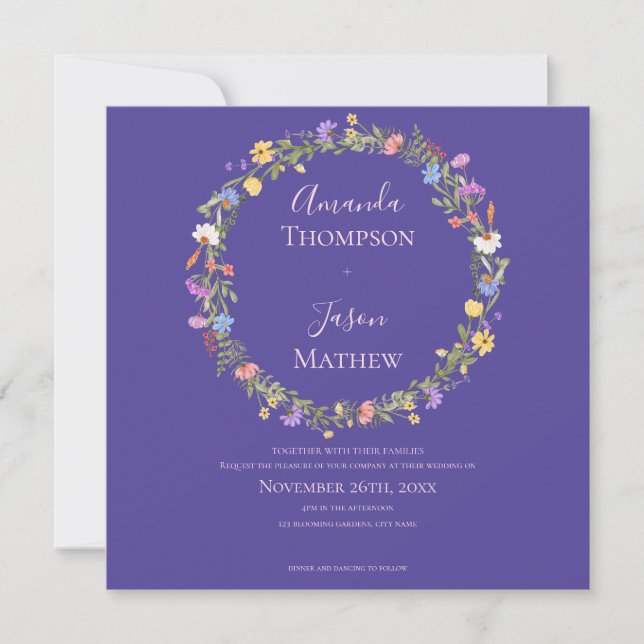 Blue And Purple Floral wildflower Wreath Wedding Invitation (Front)