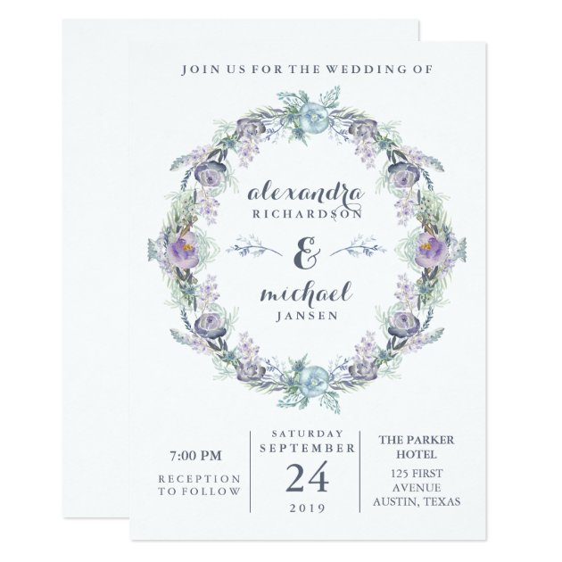 Blue And Purple Floral Wreath Wedding Invitation