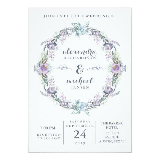 Blue and Purple Floral Wreath Wedding Card | Zazzle