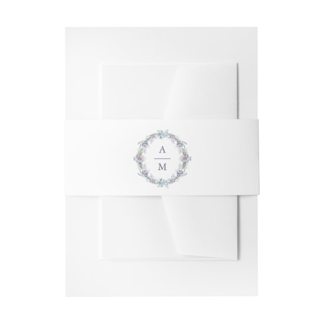 Blue and Purple Floral Wreath Wedding Invitation Belly Band (Front Example)