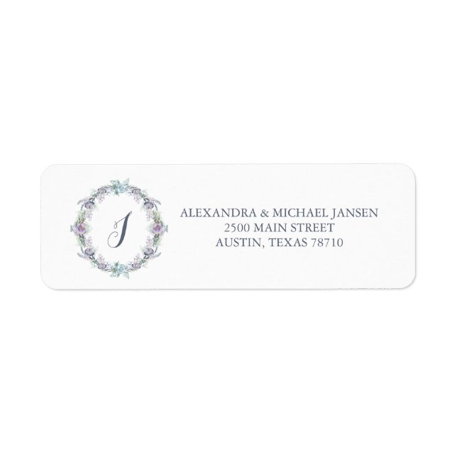Blue and Purple Floral Wreath Wedding Monogram Label (Front)