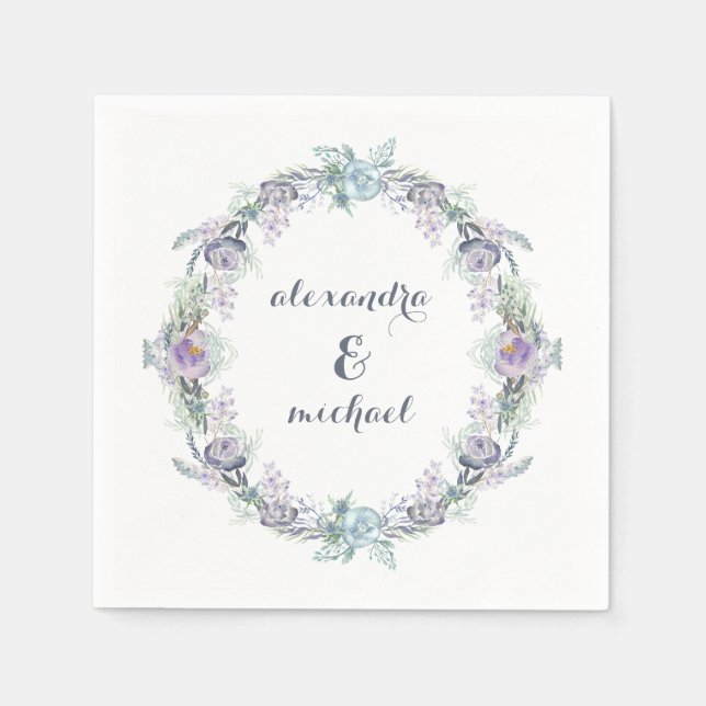 Blue and Purple Floral Wreath Wedding Paper Napkins (Front)