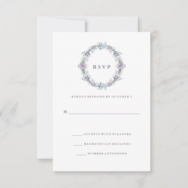 Blue and Purple Floral Wreath Wedding RSVP (Front)