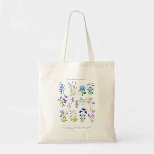 blue and purple  flower collection watercolor tote bag