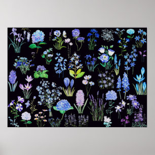 blue and purple flowers black background poster