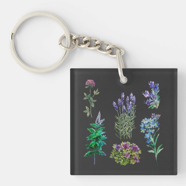 Blue and purple flowers in watercolors keychain (Front)