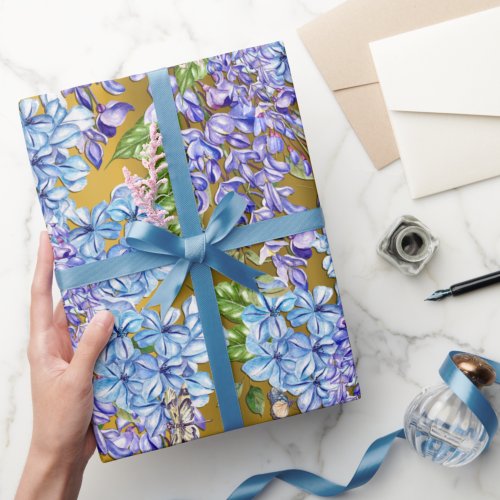Blue and Purple Flowers on Gold Wrapping Paper