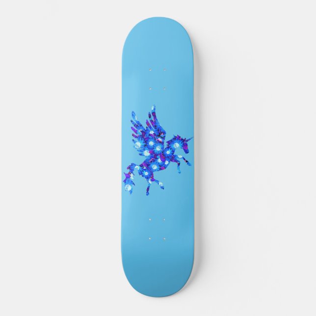 Blue and Purple Flowers Pattern Unicorn Pegasus Skateboard (Front)