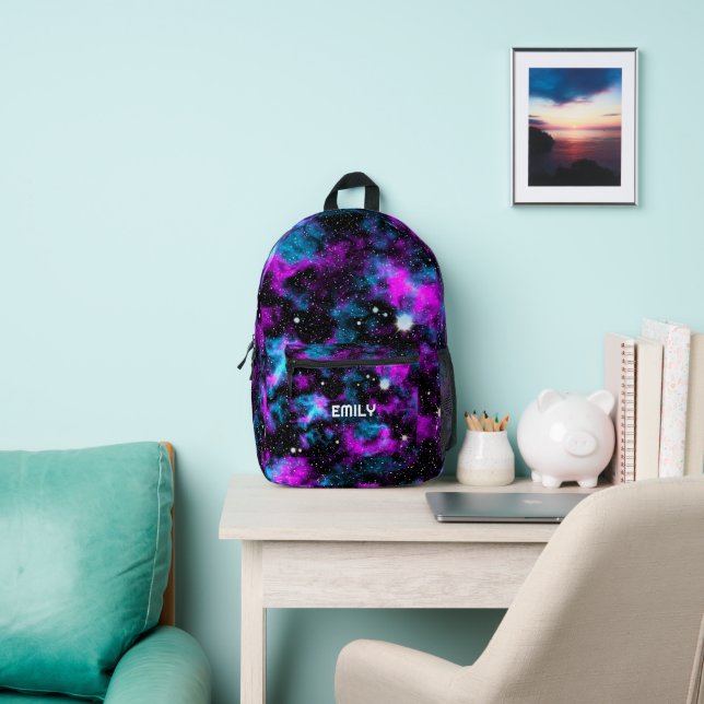 Blue and Purple Galaxy Custom Name Printed Backpack (Insitu)