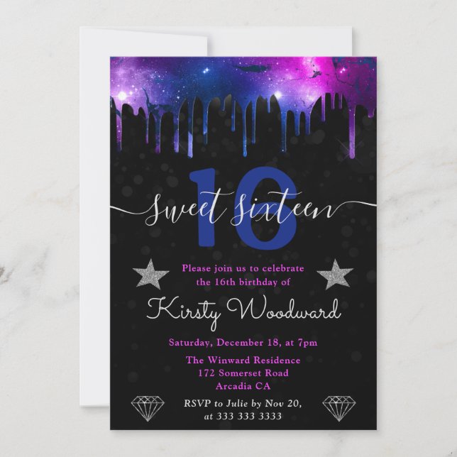 Blue and Purple Galaxy Marble Sweet Sixteen Invitation (Front)