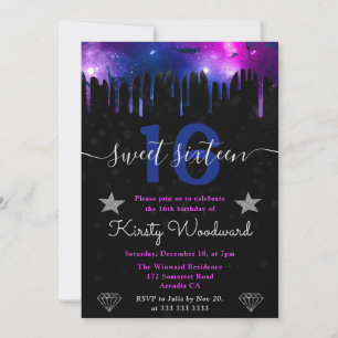 Blue and Purple Galaxy Marble Sweet Sixteen Invitation
