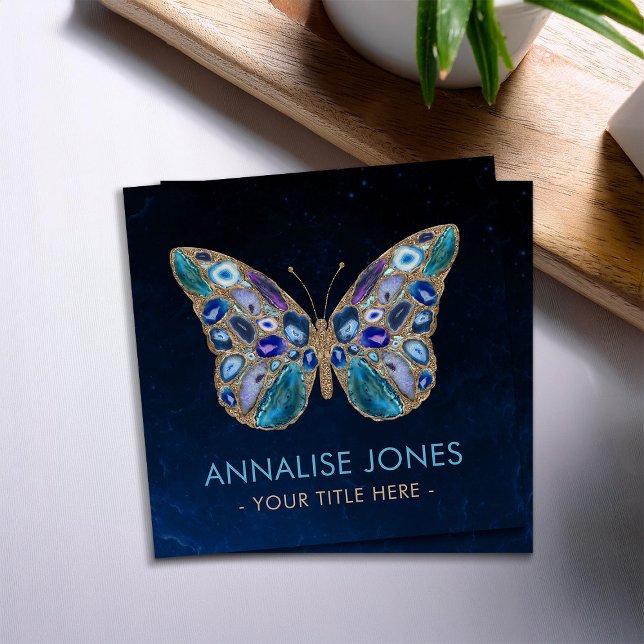 Blue and Purple Geodes Butterfly Square Business C Square Business Card (Creator Uploaded)