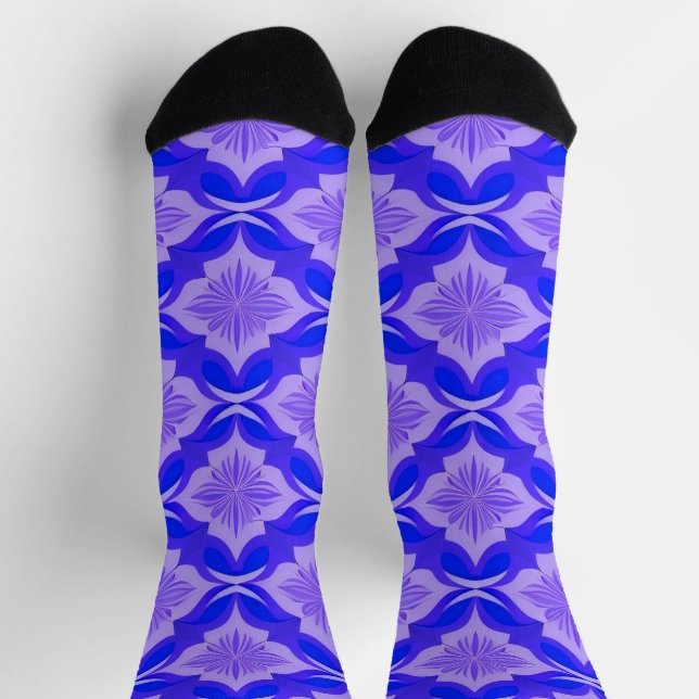 Blue and Purple Geometric Floral Pattern Socks (Top)