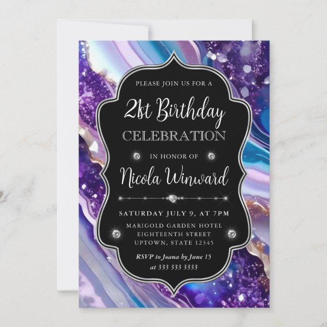 Blue and Purple Glitter Marble Agate 21st Birthday Invitation (Front)