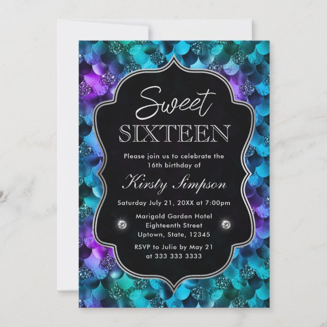 Blue and Purple Glitter Mermaid Scales Sweet 16 Invitation (Front)