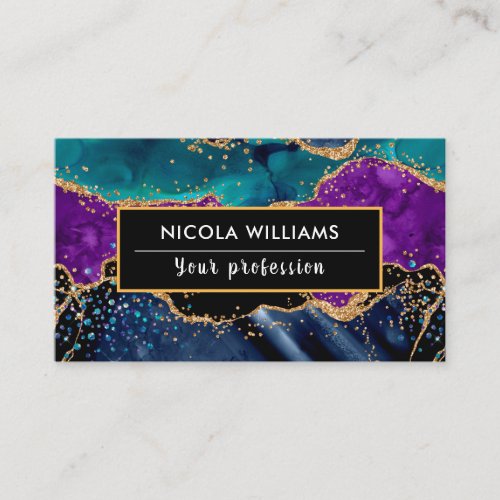 Blue and Purple Glitter Peacock Agate Business Card