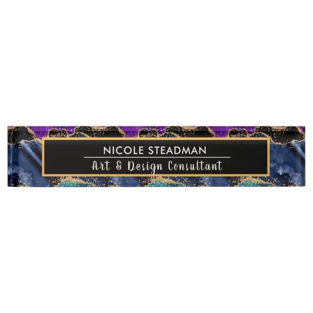 Blue and Purple Glitter Peacock Agate Desk Name Plate (Front)