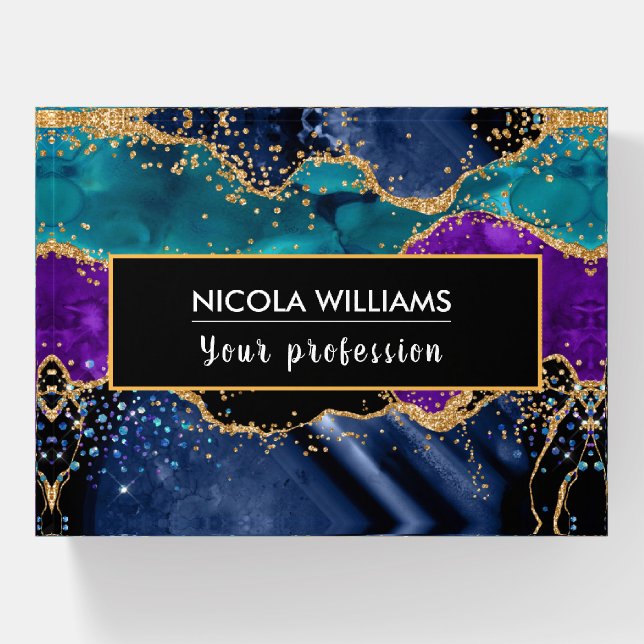 Blue and Purple Glitter Peacock Agate Paperweight (Front)