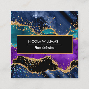 Blue and Purple Glitter Peacock Agate Square Business Card