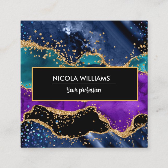 Blue and Purple Glitter Peacock Agate Square Business Card (Front)