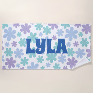 Blue and Purple Groovy Floral Custom Name Beach Towel