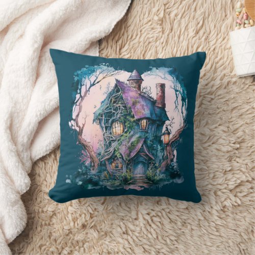 Blue and Purple Haunted House Blue Halloween Throw Pillow