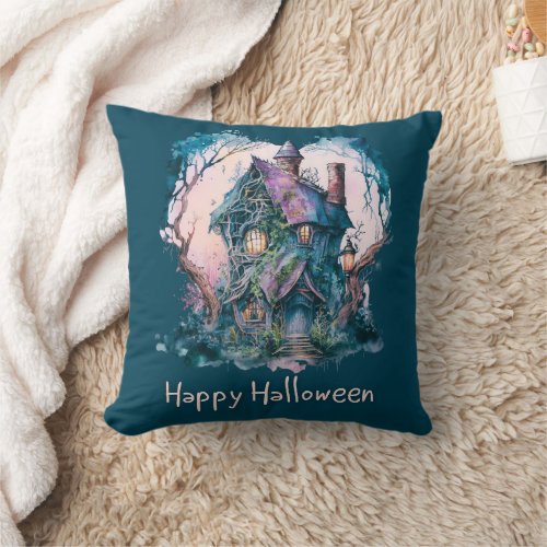 Blue and Purple Haunted House Blue Happy Halloween Throw Pillow