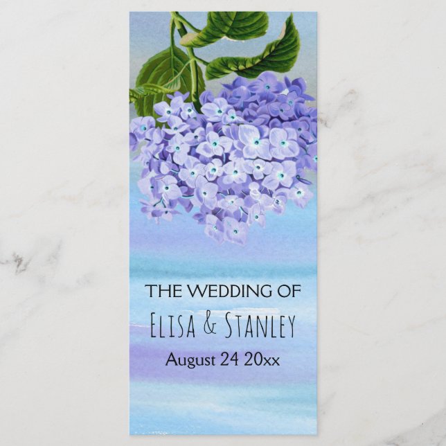 Blue and purple hydrangea floral wedding program (Front)