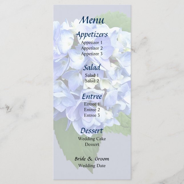 Blue and Purple Hydrangea Wedding Menu (Front)