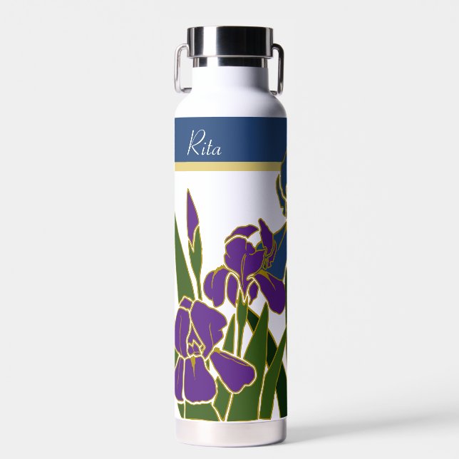 Blue and Purple Iris with Name Water Bottle (Front)