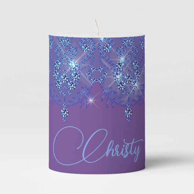  Blue and purple lace elegant sparkle diamond Mug Pillar Candle (Front)