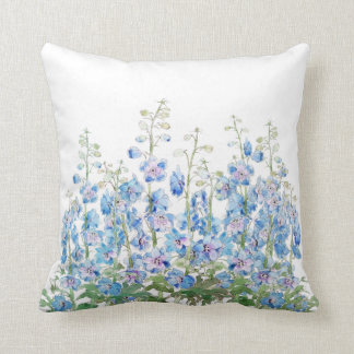 blue and purple larkspur watercolor throw pillow