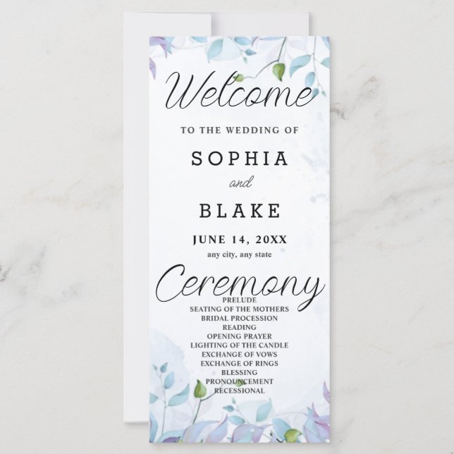 Blue and Purple Leaves White Wedding Program (Front)