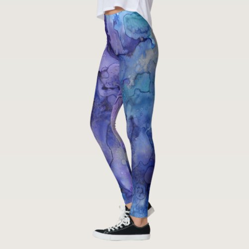 Blue and Purple Liquid Watercolor Marbled Paint Leggings