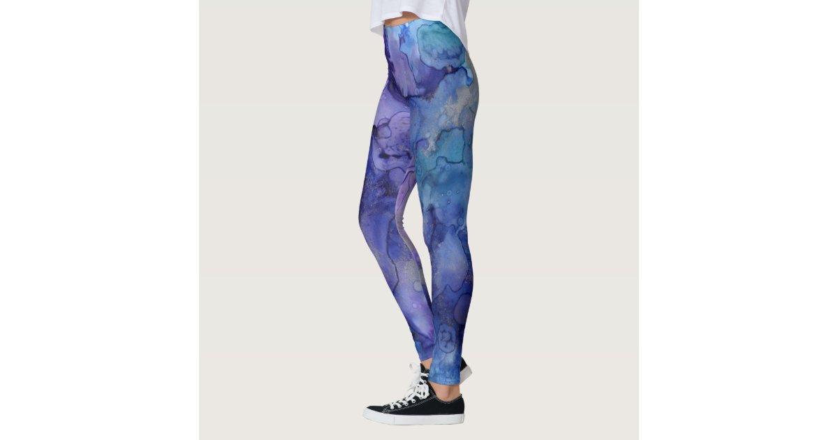 Blue and Purple Liquid Watercolor Marbled Paint Leggings | Zazzle