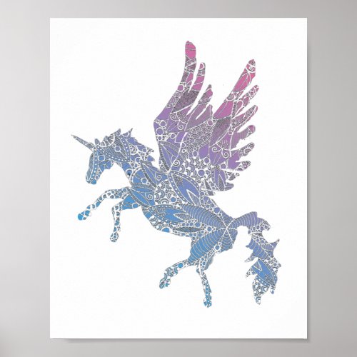 Blue and Purple Manda Pattern Unicorn Pegasus Poster