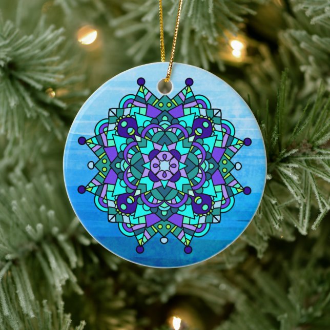 Blue and Purple Mandala Christmas Ceramic Ornament (Tree)