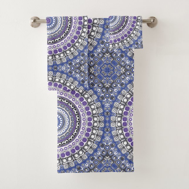 Blue and Purple Mandala Geometric Circular Pattern Bath Towel Set (Insitu)