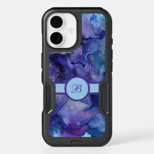 Blue and Purple Marbled Watercolor Monogrammed iPhone 16 Case